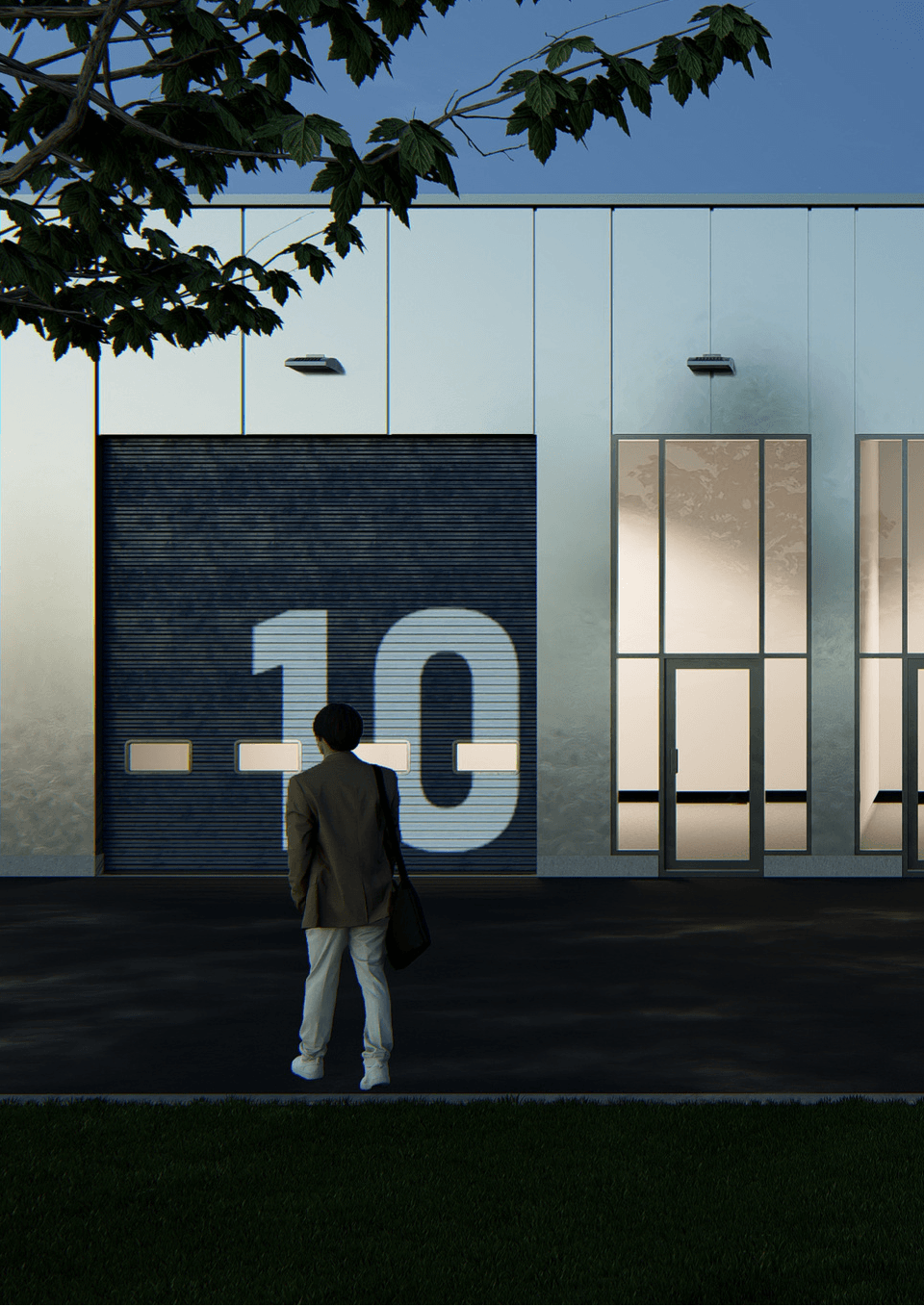 The Bays at dusk — industrial bay overhead door rendering