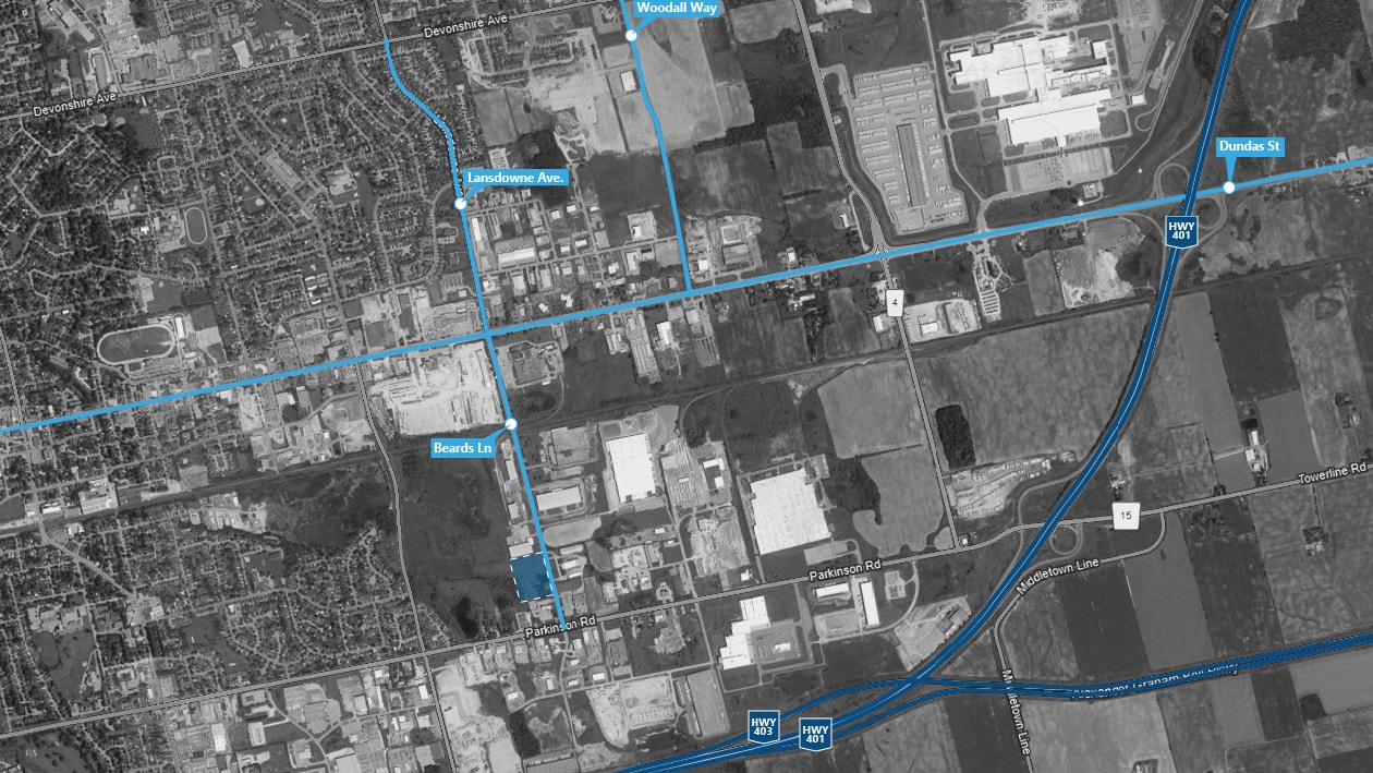 Highway 401 / 403 corridor map showing The Bays in Woodstock